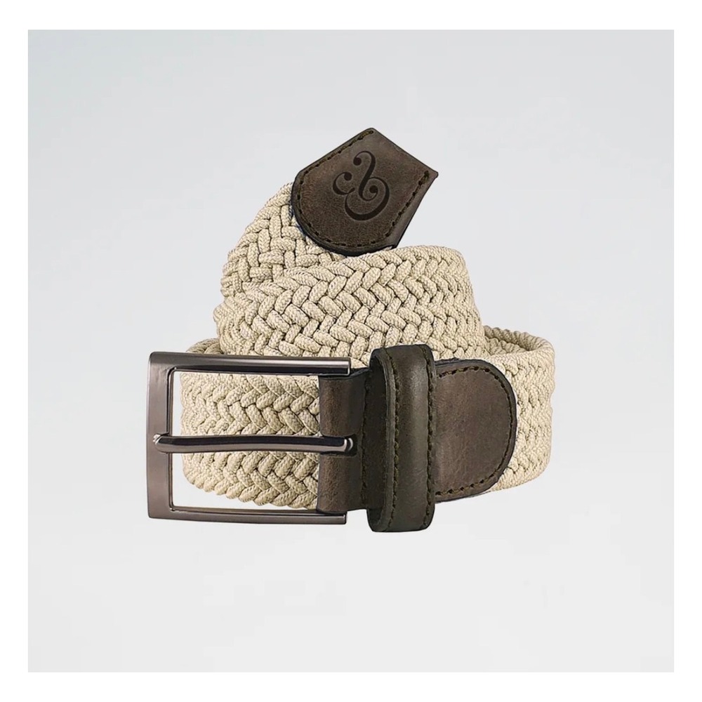 Collars‎ & Co Mens Size XXXL Woven Stretch Belt Beige Leather Trim Golf